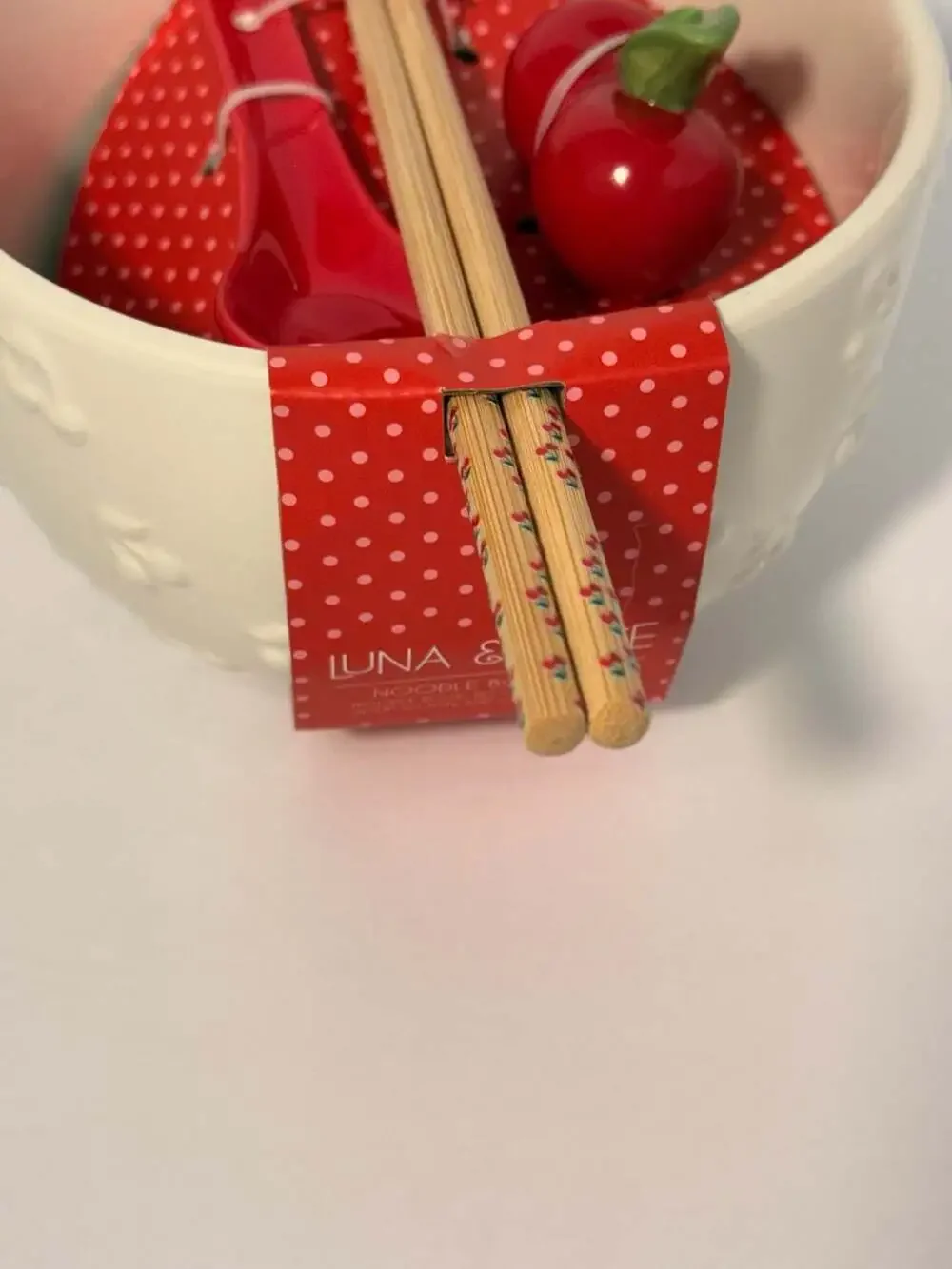 NWT Luna & Sage Cherry Motif Noodle Bowl Set with Spoon and Chopstick Rest
